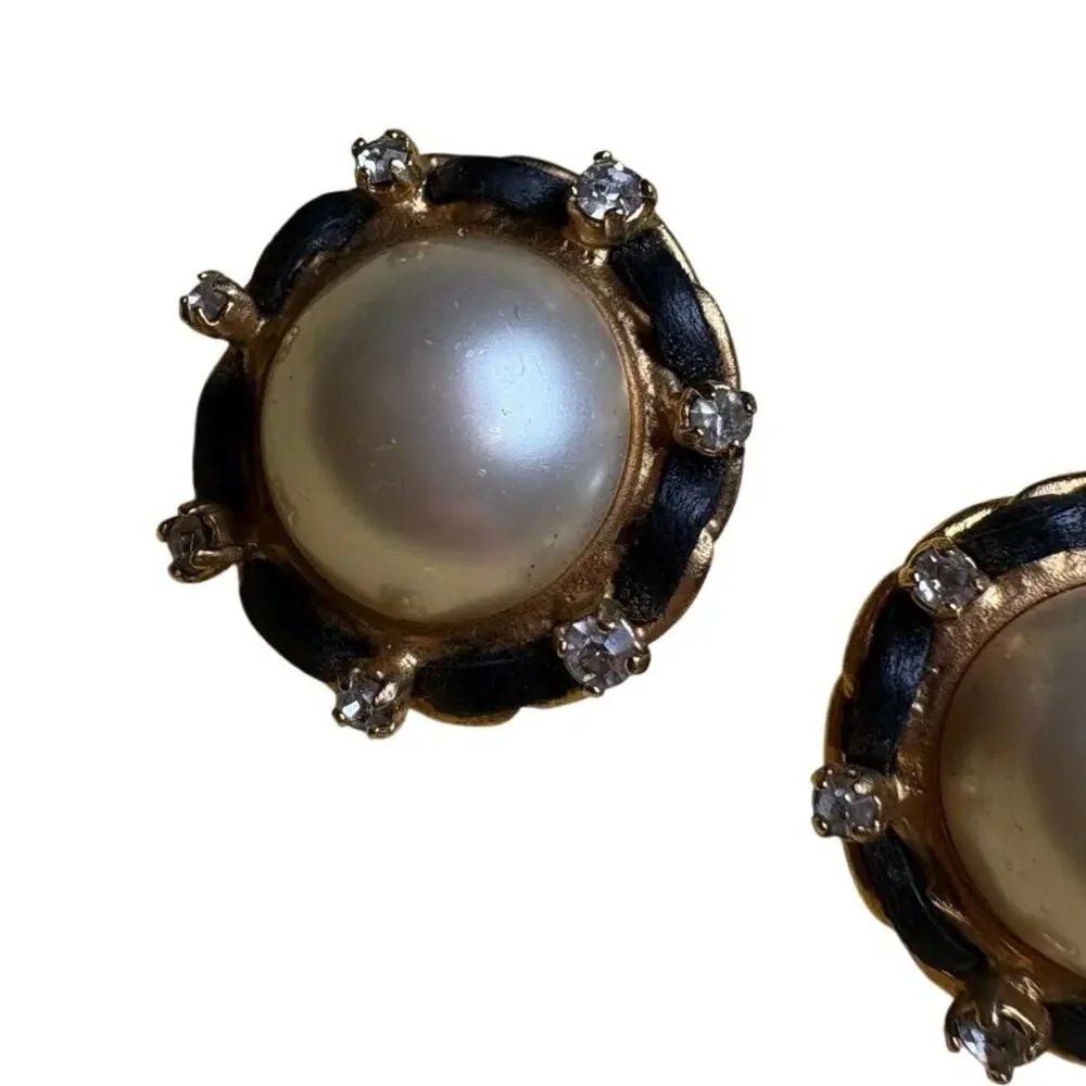 Chanel Vintage Faux Pearl, Strass & Woven Leather Clip-On Earrings
